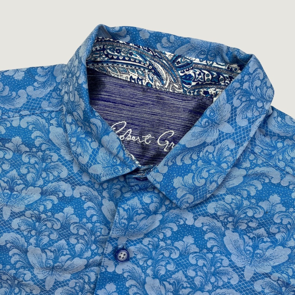 Robert Graham Mens L Shirt Blue Damask Floral Paisley Trim SS Button Up